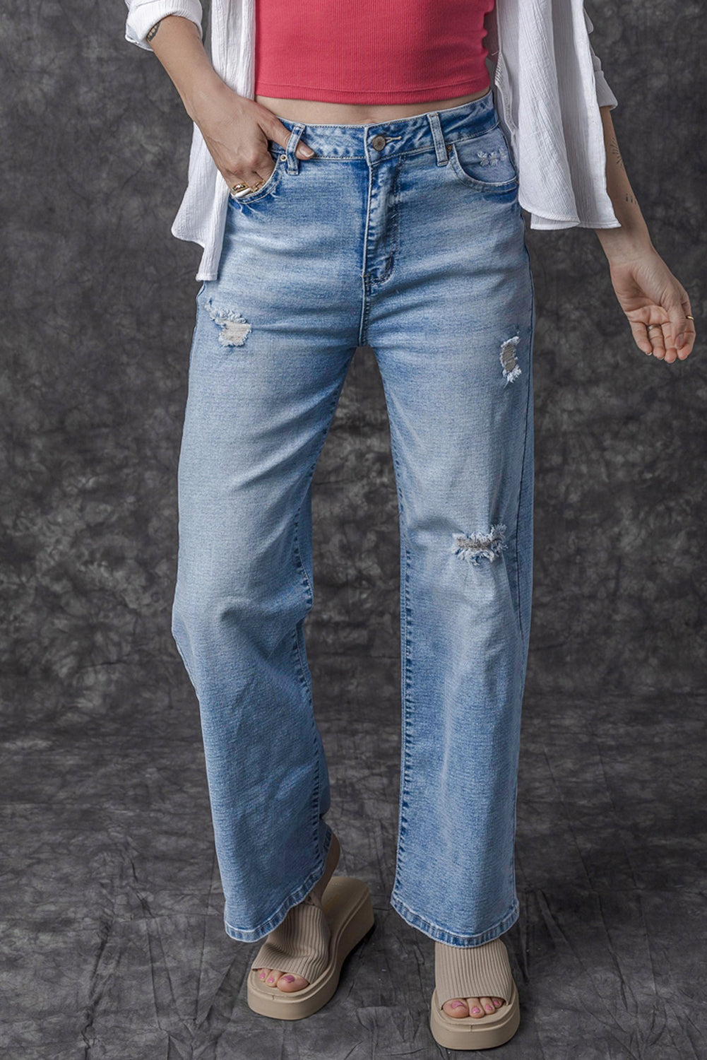 Light Blue High Rise Distressed Straight Leg Jeans - Premium Bottoms/Jeans from Ashes 2 Wildflowers Boutique, LLC- Just $37.14! Shop now at Ashes 2 Wildflowers Boutique, LLC