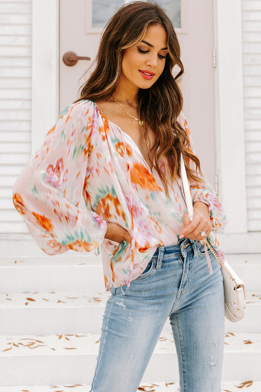Multicolor Abstract Print Split Neck Puff Sleeve Blouse - Premium Tops from Momma Done Gone Crafty- Just $33.30! Shop now at Momma Done Gone Crafty