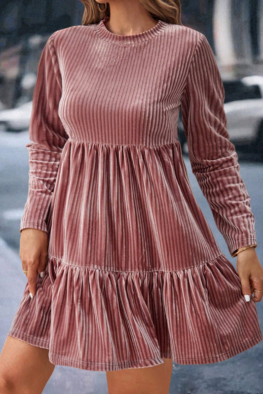 Apricot Pink Plus Size Velvet Ribbed Knit Tiered Ruffled Mini Dress - Premium Plus Size/Plus Size Dresses/Plus Size Mini Dresses from Momma Done Gone Crafty- Just $30.90! Shop now at Momma Done Gone Crafty