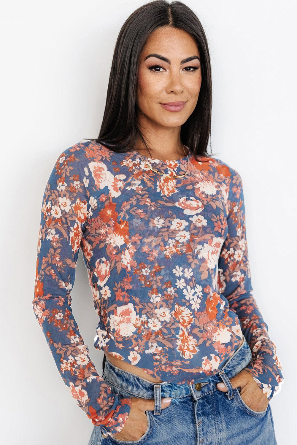 Orchid Petal Floral Print Mesh Fitted Long Sleeve Top - Premium Tops/Long Sleeve Tops from Ashes 2 Wildflowers Boutique, LLC- Just $24.50! Shop now at Ashes 2 Wildflowers Boutique, LLC