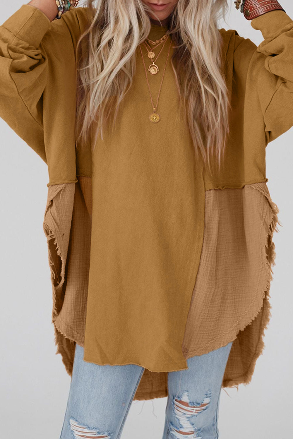 Camel Crinkle Splicing Raw Hem High Low Oversized Blouse - Premium Tops from Momma Done Gone Crafty- Just $34.80! Shop now at Momma Done Gone Crafty