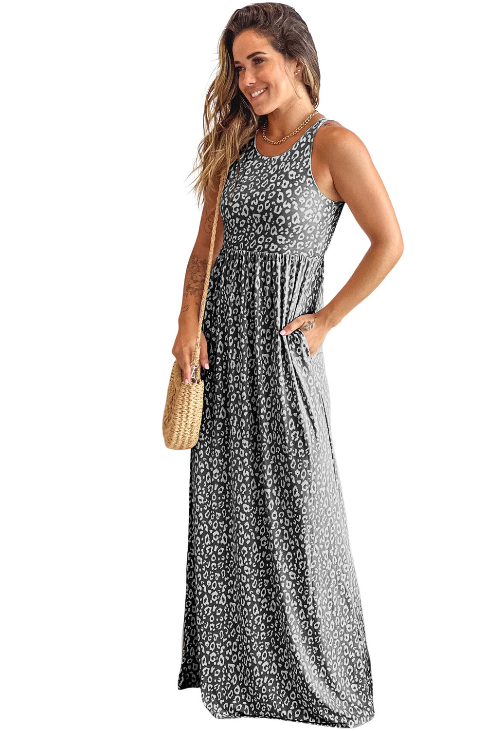 Gray Leopard Print Pocketed Sleeveless Maxi Dress - Premium Dresses/Maxi Dresses from Ashes 2 Wildflowers Boutique, LLC- Just $19.80! Shop now at Ashes 2 Wildflowers Boutique, LLC