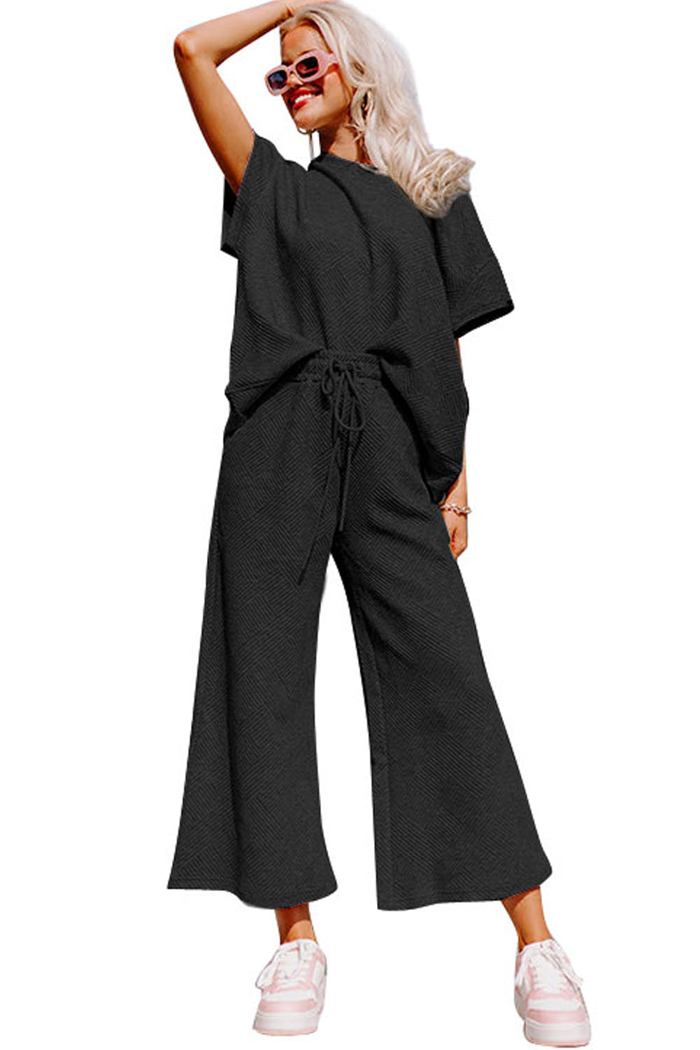 Black Textured Loose Fit T Shirt and Drawstring Pants Set - Premium Loungewear from Momma Done Gone Crafty- Just $58.99! Shop now at Momma Done Gone Crafty