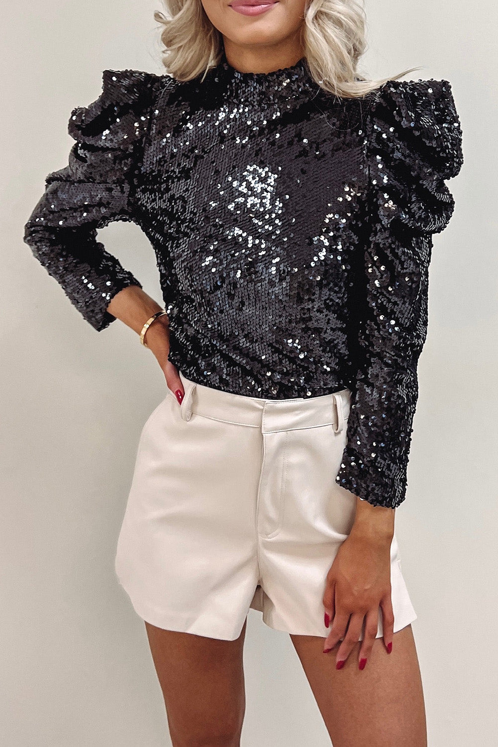 Black Sequin Mock Neck Bubble Sleeve Top - Premium Tops from Momma Done Gone Crafty- Just $45.99! Shop now at Momma Done Gone Crafty