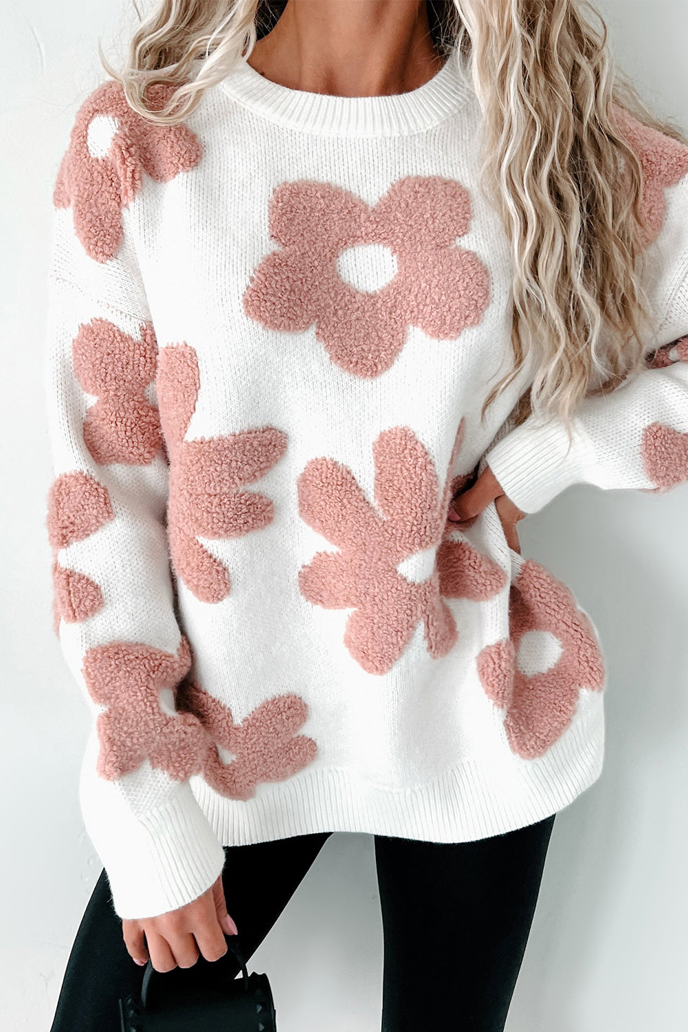 White Textured Flower Drop Shoulder Loose Sweater - Premium Sweaters & Cardigans/Sweaters from Ashes 2 Wildflowers Boutique, LLC- Just $36.43! Shop now at Ashes 2 Wildflowers Boutique, LLC