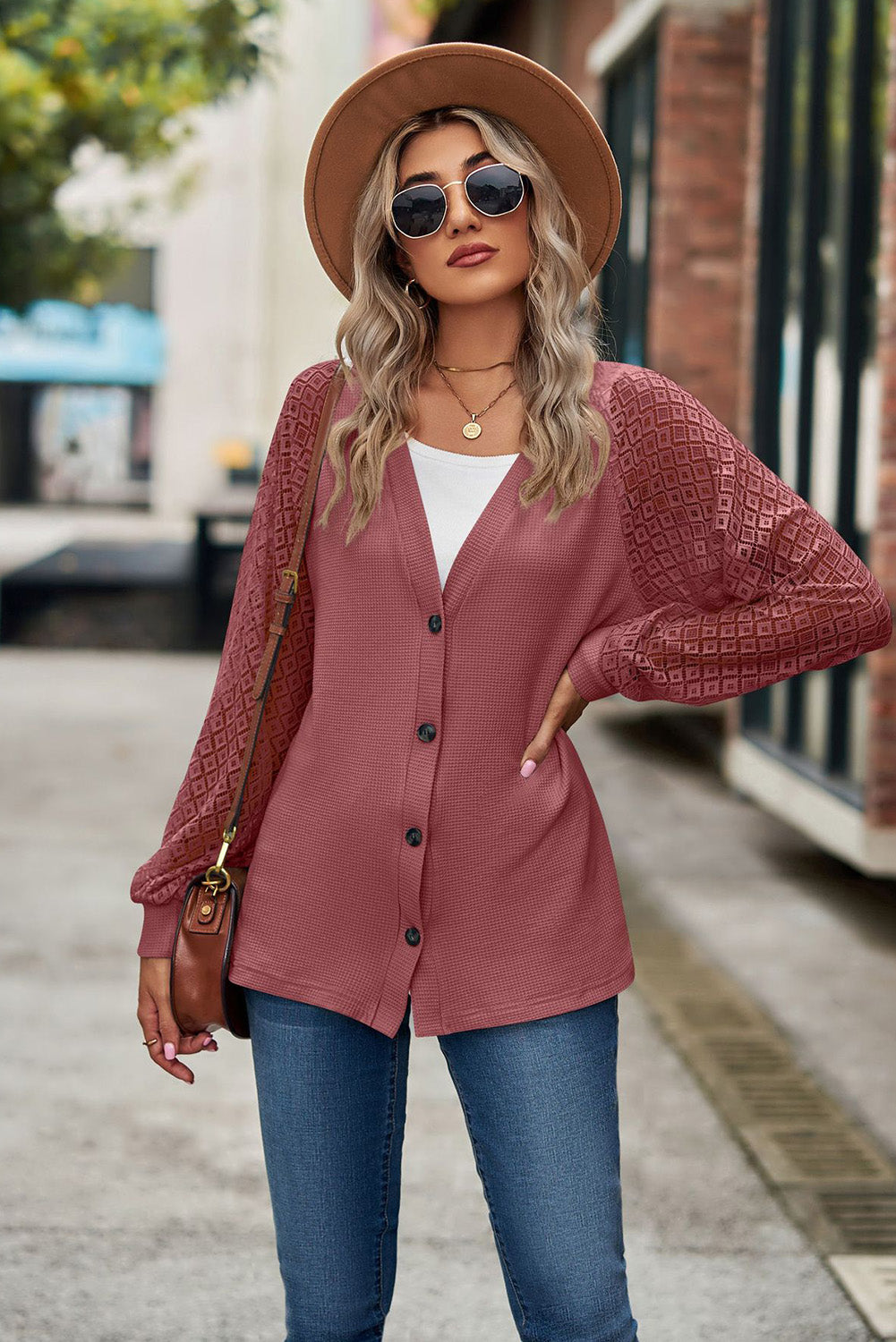 Waffled Knit Lace Long Sleeve Buttoned Cardigan - Premium Tops from Momma Done Gone Crafty- Just $45.30! Shop now at Momma Done Gone Crafty