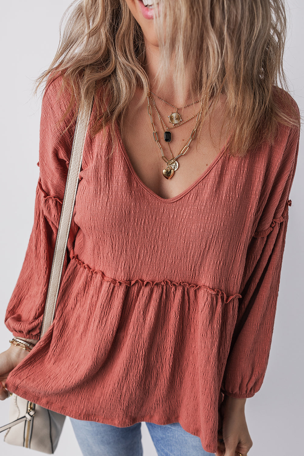 Mineral Red Solid Color Textured Frilled Trim V Neck Puff Sleeve Blouse - Premium Tops/Blouses & Shirts from Ashes 2 Wildflowers Boutique, LLC- Just $20.35! Shop now at Ashes 2 Wildflowers Boutique, LLC