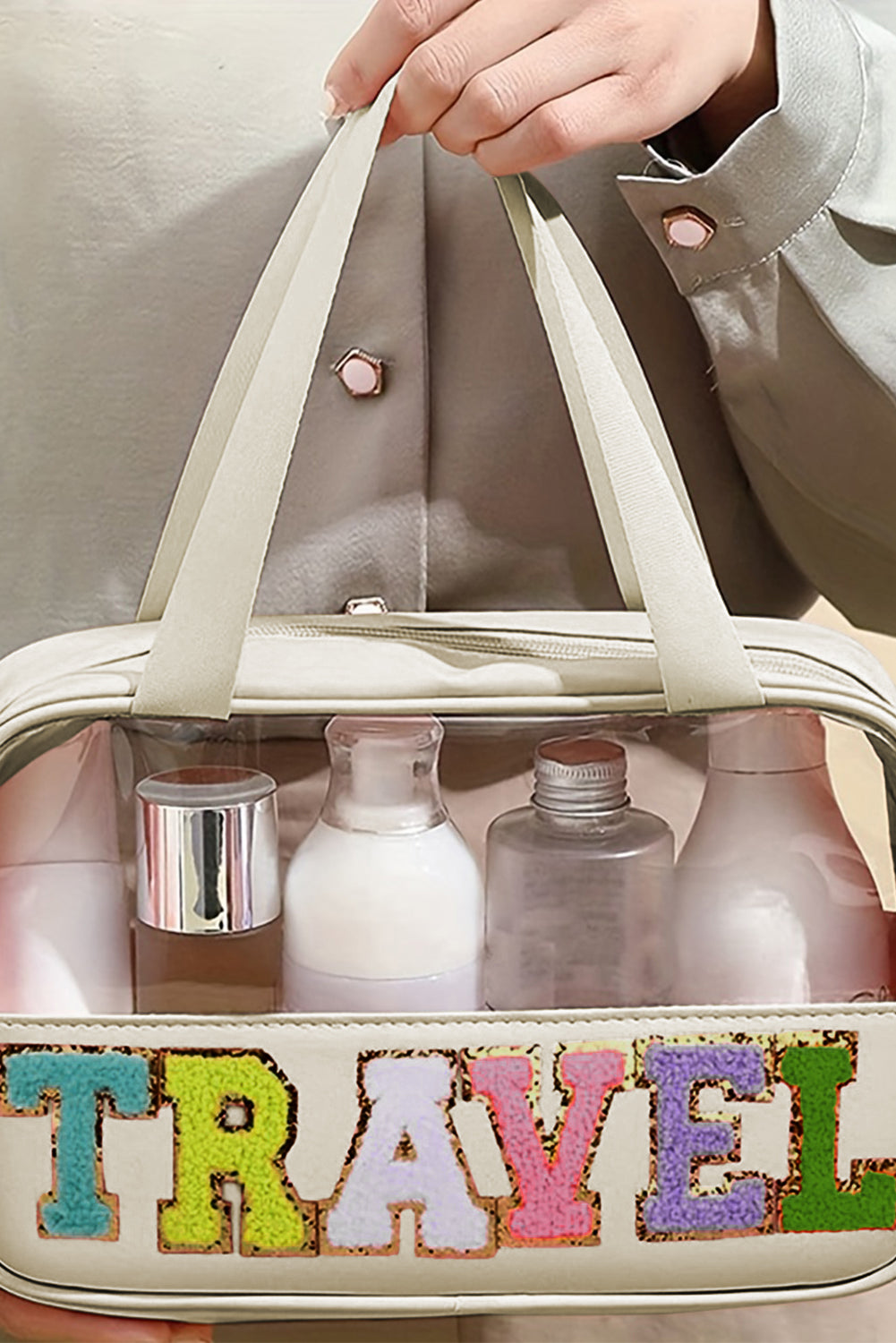 Parchment TRAVEL Chenille Letter Clear PVC Makeup Bag - Premium Shoes & Bags/Makeup Bags from Momma Done Gone Crafty- Just $13.98! Shop now at Momma Done Gone Crafty