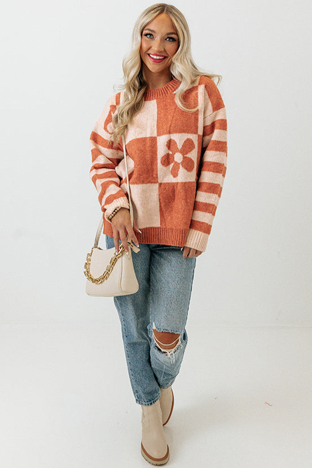 Brown Checkered Floral Print Striped Sleeve Sweater - Premium Tops from Momma Done Gone Crafty- Just $31.50! Shop now at Momma Done Gone Crafty