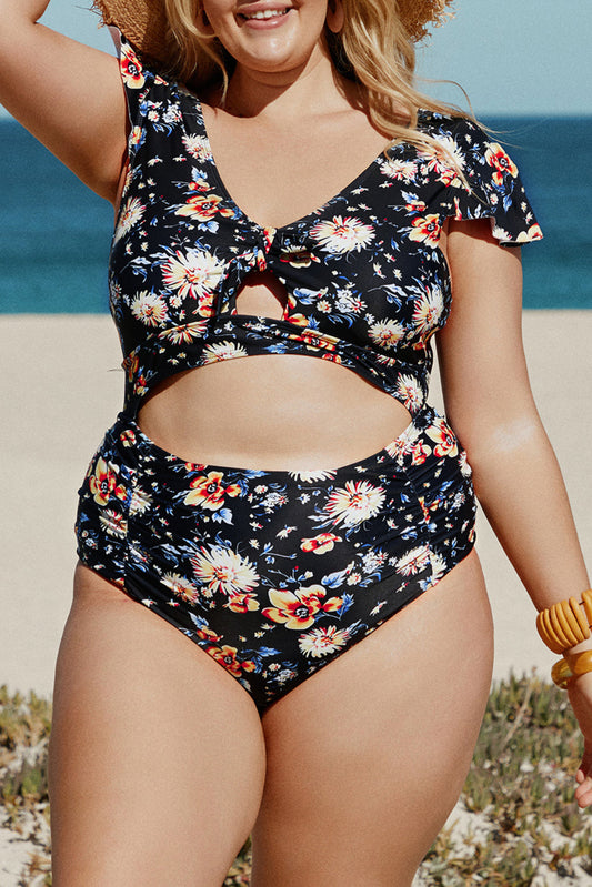 Blue Plus Size Flutter Cap Sleeve Floral High Waist Bikini - Premium Plus Size from Momma Done Gone Crafty- Just $20.00! Shop now at Momma Done Gone Crafty