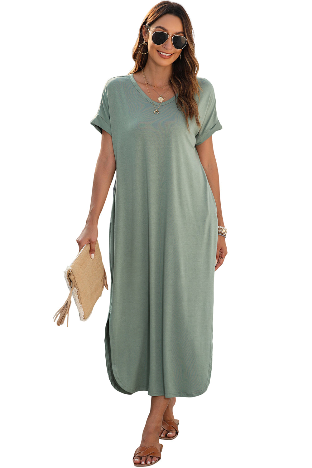 Grass Green V Neck Hidden Pocket Splits Maxi T-shirt Dress - Premium Dresses/T Shirt Dresses from Ashes 2 Wildflowers Boutique, LLC- Just $20.31! Shop now at Ashes 2 Wildflowers Boutique, LLC