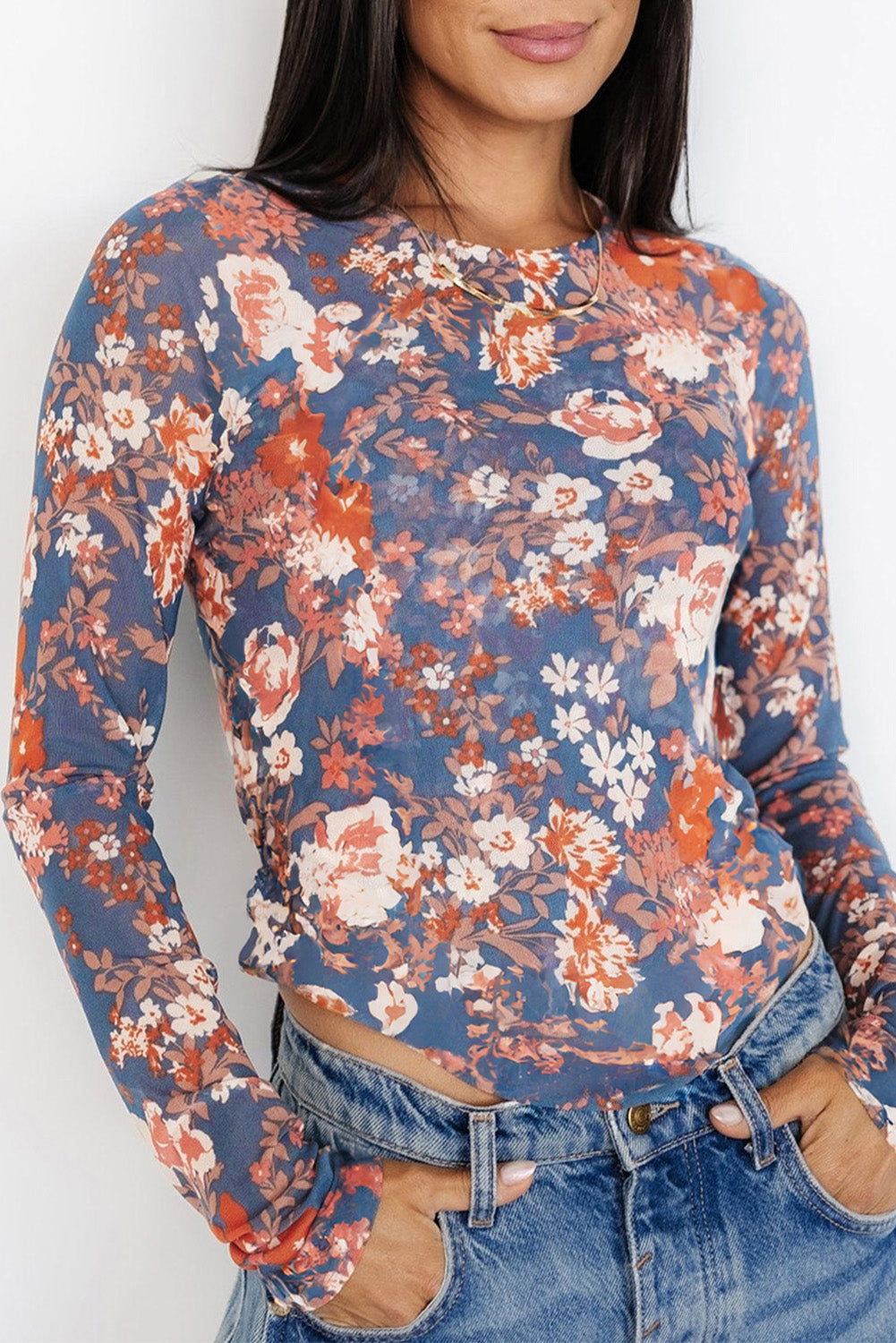 Orchid Petal Floral Print Mesh Fitted Long Sleeve Top - Premium Tops/Long Sleeve Tops from Ashes 2 Wildflowers Boutique, LLC- Just $24.50! Shop now at Ashes 2 Wildflowers Boutique, LLC