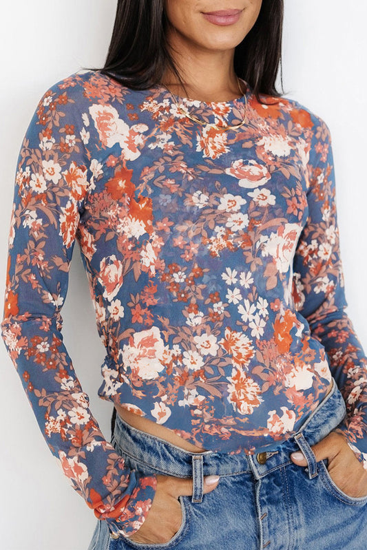 Orchid Petal Floral Print Mesh Fitted Long Sleeve Top - Premium Tops/Long Sleeve Tops from Ashes 2 Wildflowers Boutique, LLC- Just $24.50! Shop now at Ashes 2 Wildflowers Boutique, LLC