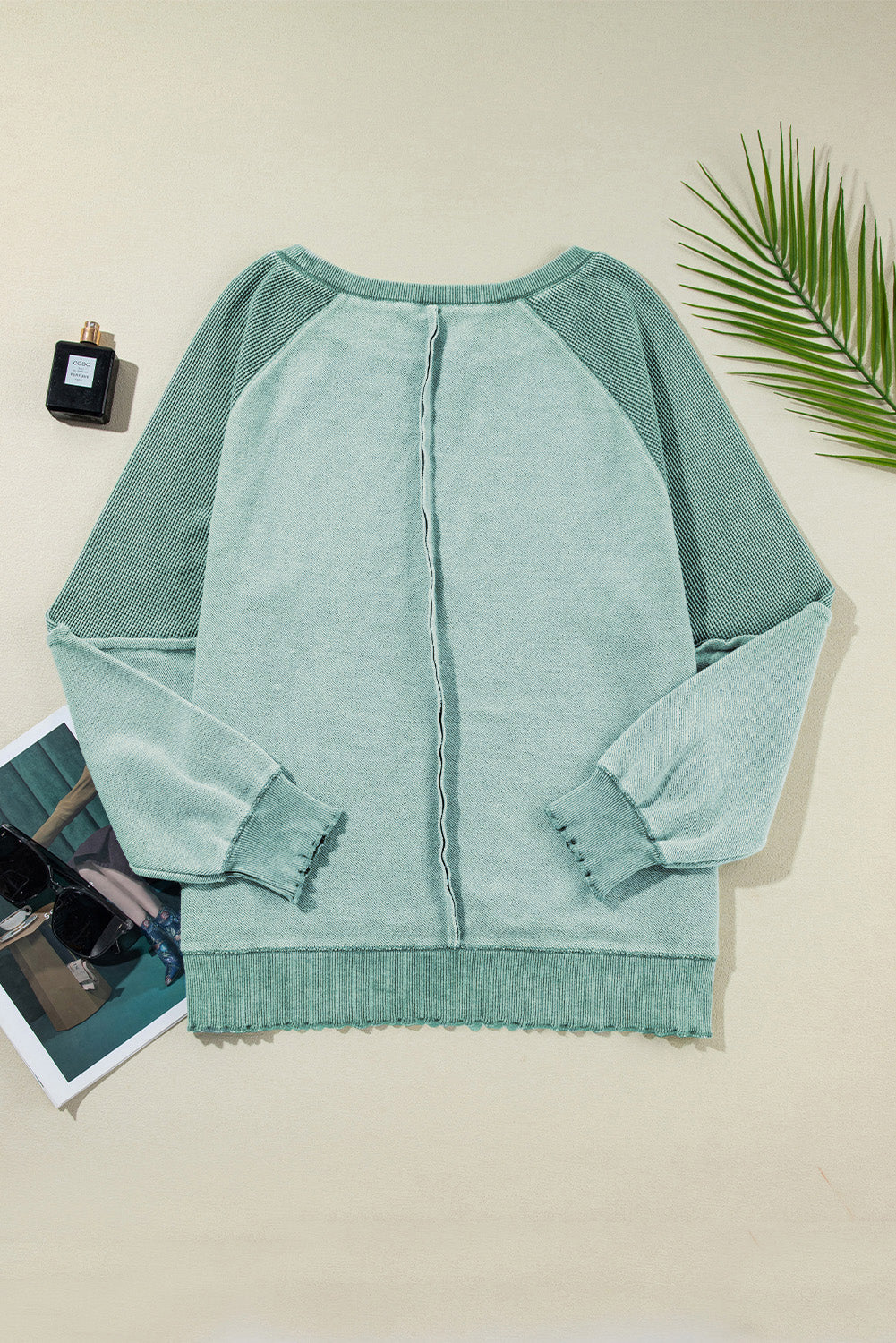 Mineral Blue Waffle Knit Patchwork Exposed Seam Raglan Sweatshirt - Premium Tops/Sweatshirts & Hoodies from Ashes 2 Wildflowers Boutique, LLC- Just $37.19! Shop now at Ashes 2 Wildflowers Boutique, LLC