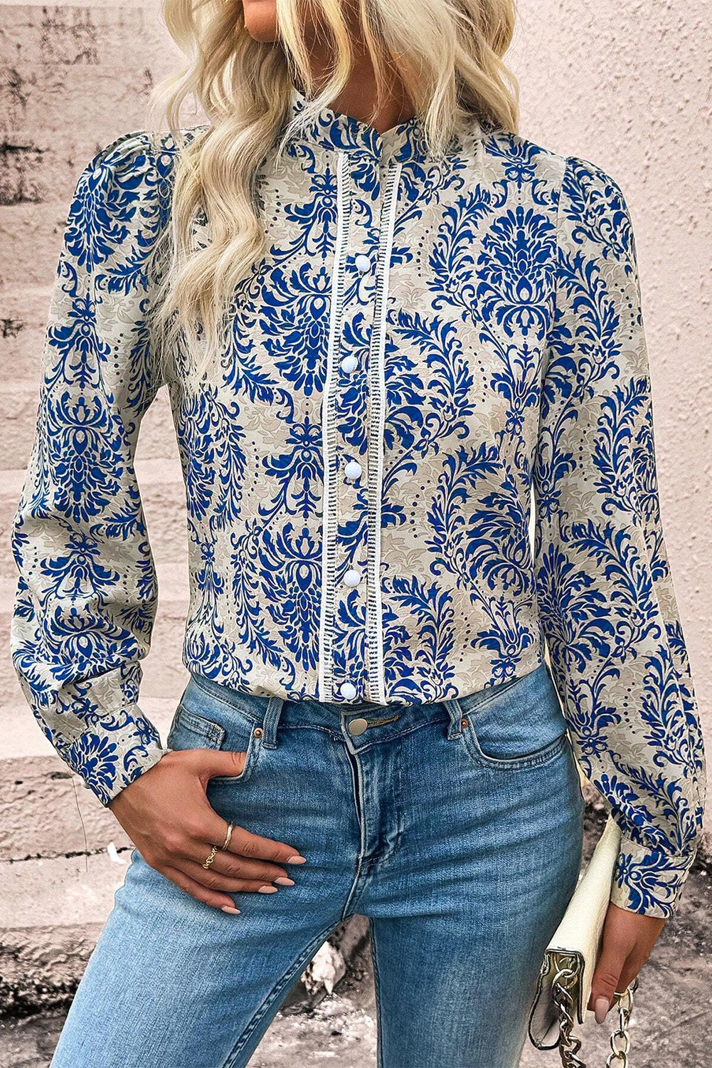 Sky Blue Bohemian Printed Bishop Sleeve Lace Shirt - Premium Tops/Blouses & Shirts from Momma Done Gone Crafty- Just $28.99! Shop now at Momma Done Gone Crafty