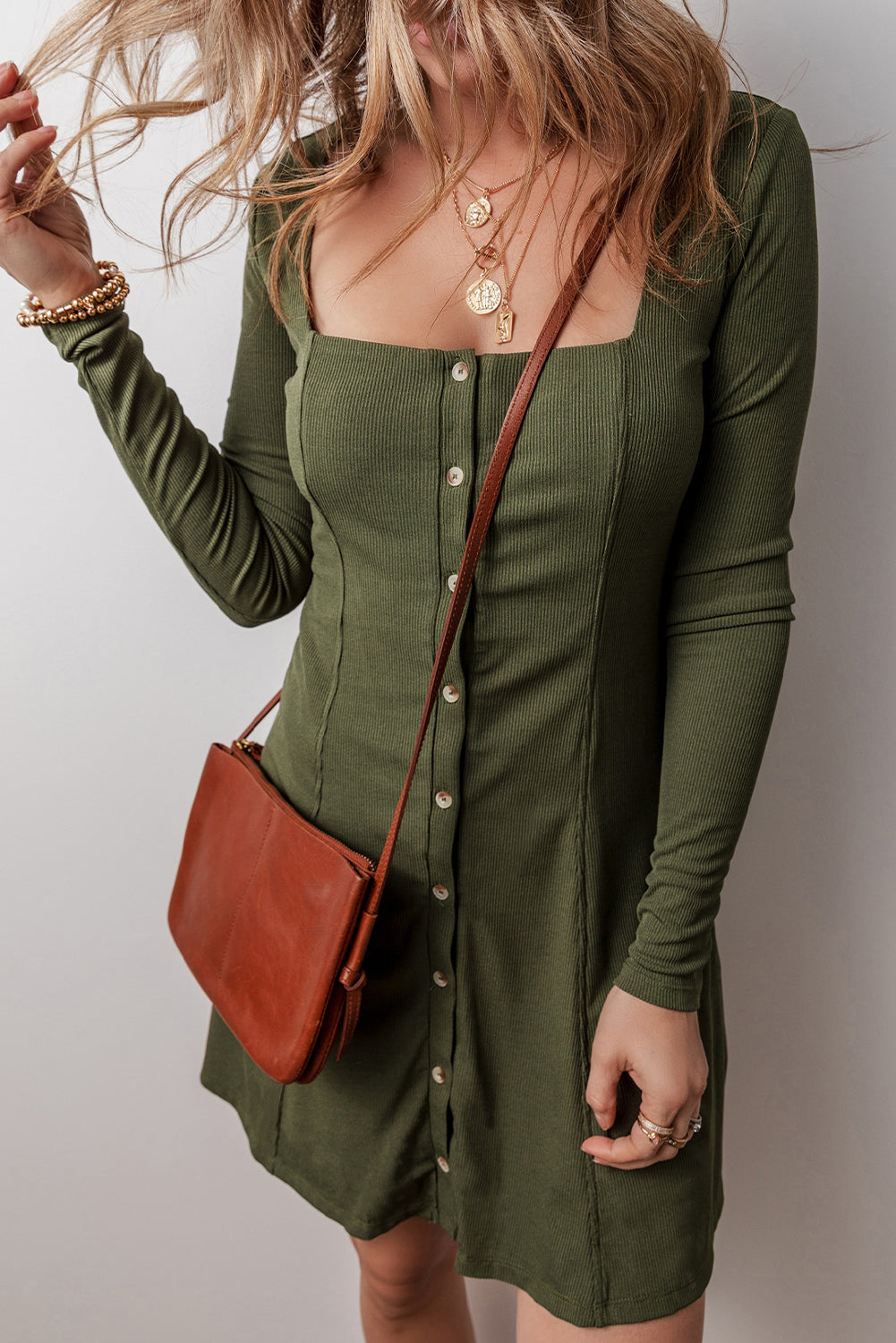 Guacamole Green Rib Knit Square Neck Buttoned Long Sleeve Mini Dress - Premium Dresses/Mini Dresses from Momma Done Gone Crafty- Just $28.99! Shop now at Momma Done Gone Crafty