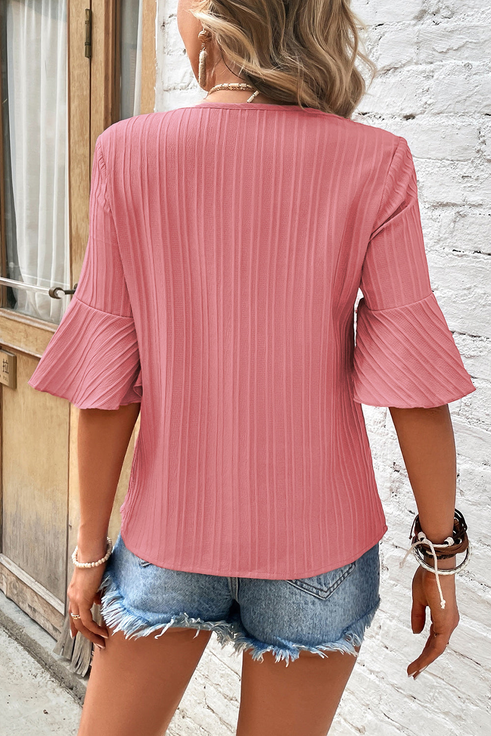 Peach Blossom Ruffled Half Sleeve V Neck Textured Top - Premium Tops/Tops & Tees from Momma Done Gone Crafty- Just $14.99! Shop now at Momma Done Gone Crafty