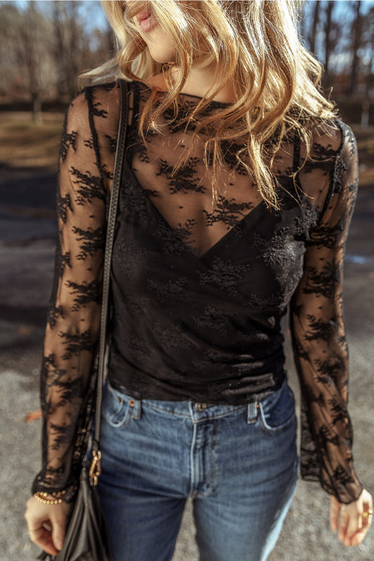 Black Lace Mesh Crochet Splicing Slim Fit Long Sleeve Blouse - Premium Tops/Blouses & Shirts from Ashes 2 Wildflowers Boutique, LLC- Just $27.88! Shop now at Ashes 2 Wildflowers Boutique, LLC