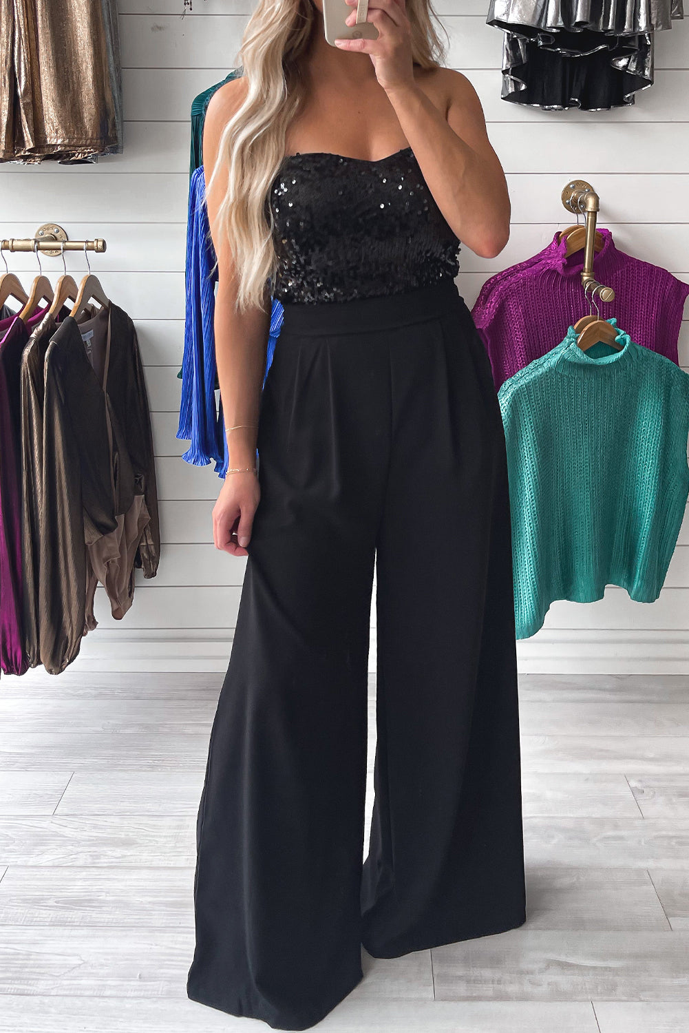 Black Sequin Tube Top Wide Leg Jumpsuit - Premium Bottoms/Jumpsuits & Rompers from Momma Done Gone Crafty- Just $33.63! Shop now at Momma Done Gone Crafty