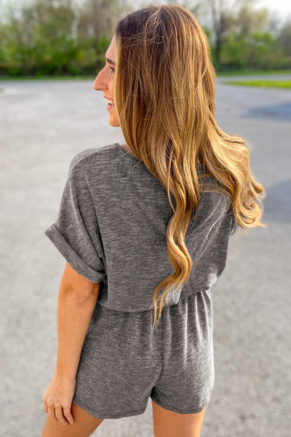 Gray Ribbed Elastic Waist Romper - Premium Bottoms/Jumpsuits & Rompers from Momma Done Gone Crafty- Just $26.10! Shop now at Momma Done Gone Crafty