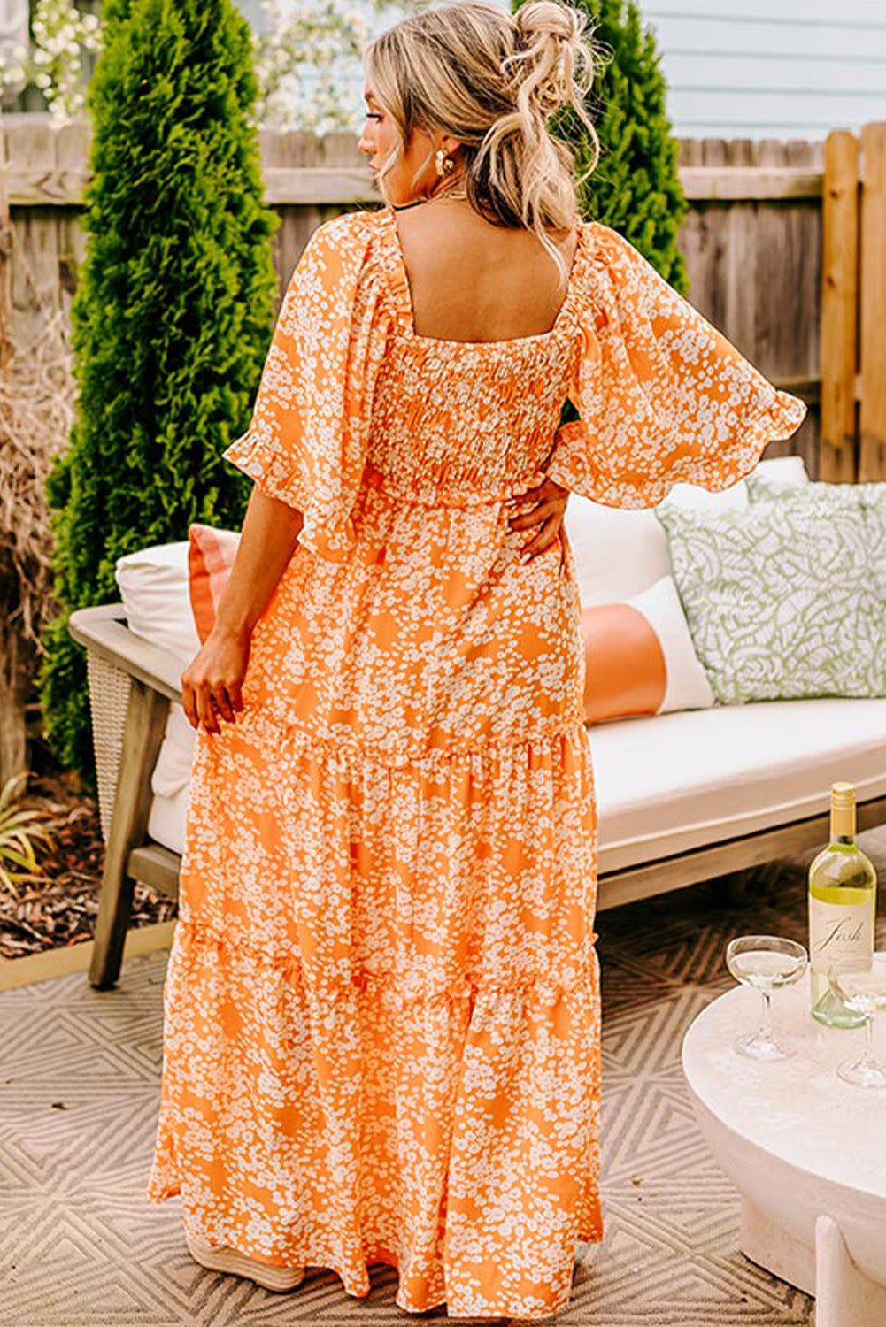 Orange Floral Print Smocked V Neck Wide Sleeve Maxi Dress - Premium Dresses/Floral Dresses from Momma Done Gone Crafty- Just $55.99! Shop now at Momma Done Gone Crafty