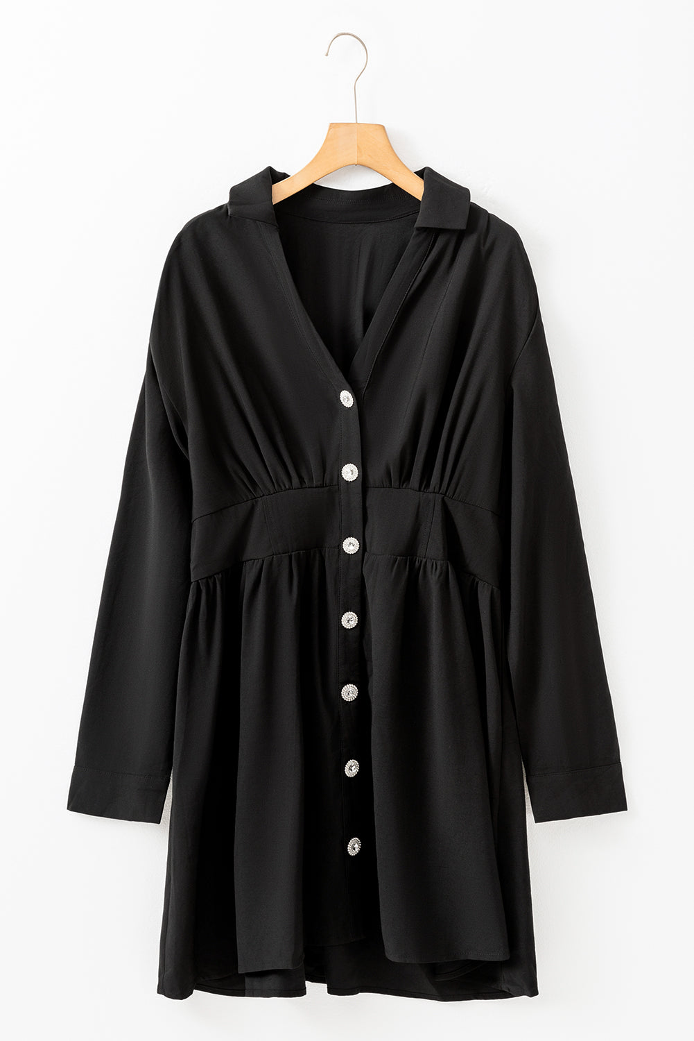 Black Elastic Cinched High Waist Long Sleeve Shirt Mini Dress - Premium Dresses/Mini Dresses from Momma Done Gone Crafty- Just $49.05! Shop now at Momma Done Gone Crafty