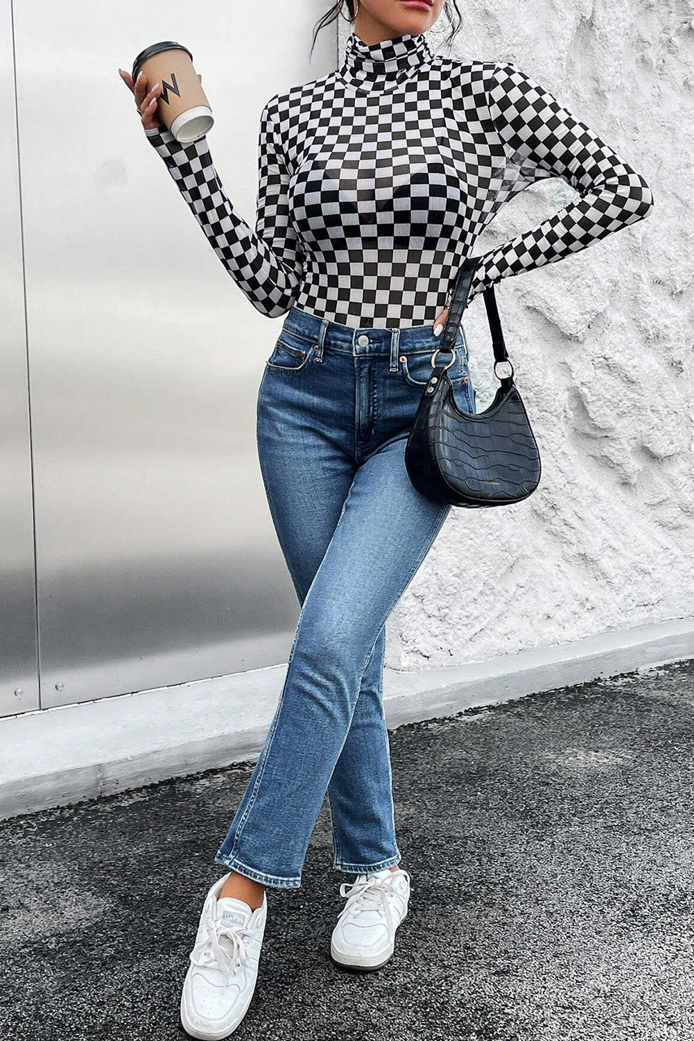Black Checkered Printed Long Sleeve High Neck Bodysuit - Premium Tops/Bodysuits from Momma Done Gone Crafty- Just $11.70! Shop now at Momma Done Gone Crafty