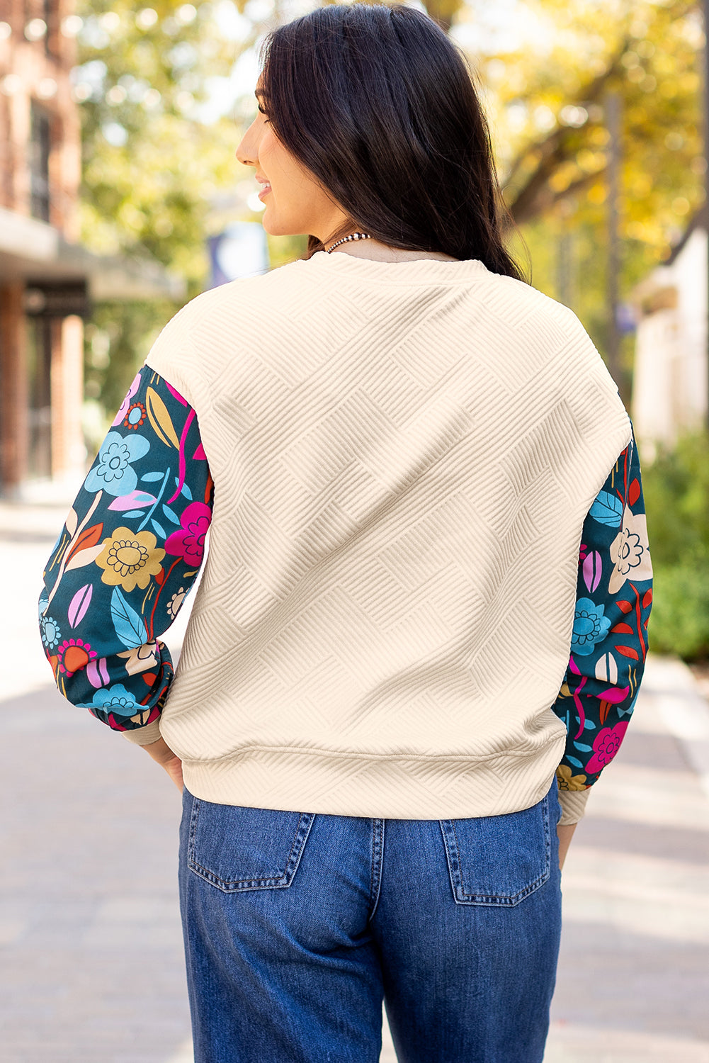 White Contrast Floral Sleeve Textured Drop Shoulder Knit Top - Premium Tops/Long Sleeve Tops from Ashes 2 Wildflowers Boutique, LLC- Just $28.40! Shop now at Ashes 2 Wildflowers Boutique, LLC