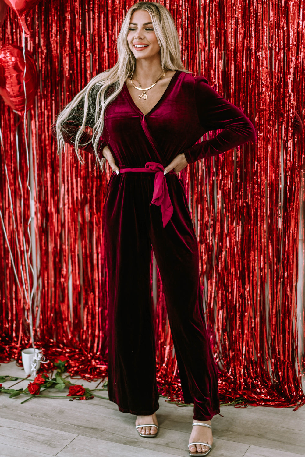Fiery Red Velvet Pocketed Cut out Back Wide Leg Jumpsuit - Premium Bottoms/Jumpsuits & Rompers from Momma Done Gone Crafty- Just $35.25! Shop now at Momma Done Gone Crafty