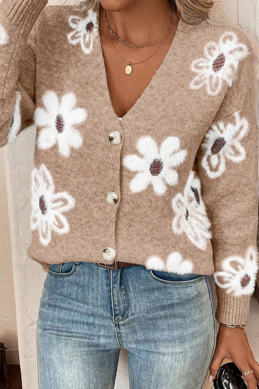 Smoke Gray Floral Print V Neck Knitted Button up Cardigan - Premium Sweaters & Cardigans/Cardigans from Momma Done Gone Crafty- Just $33.60! Shop now at Momma Done Gone Crafty
