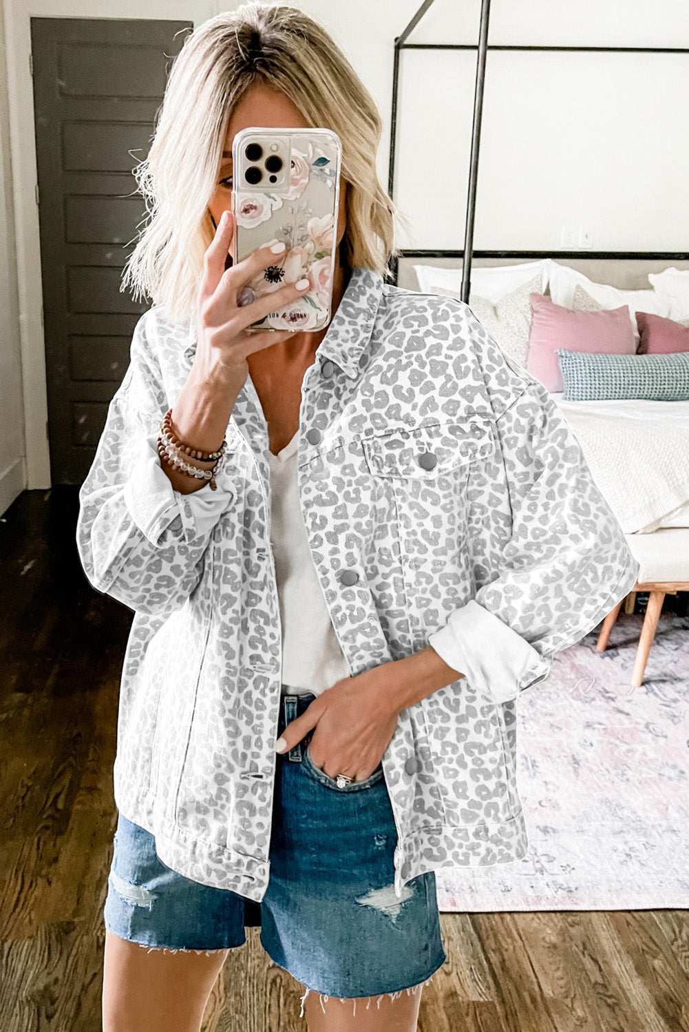 White Leopard Printed Flap Pocket Denim Jacket - Premium Outerwear/Denim jackets from Momma Done Gone Crafty- Just $62.99! Shop now at Momma Done Gone Crafty