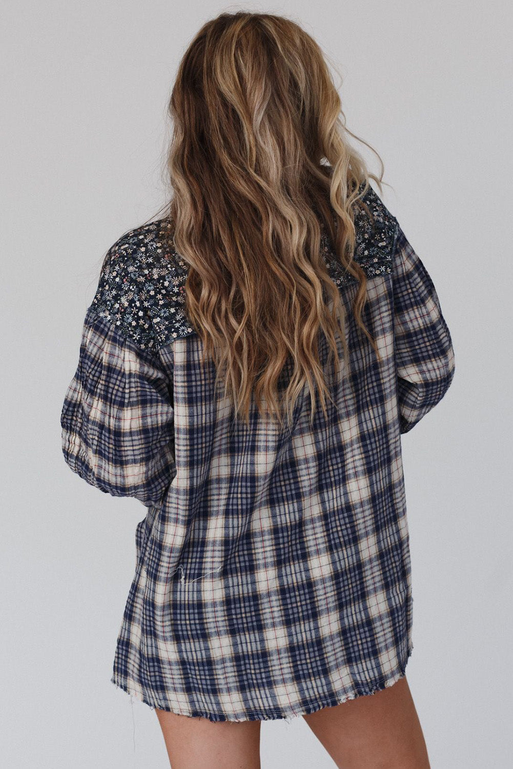 Blue Floral Plaid Mixed Print Bishop Sleeve Patchwork Top - Premium Tops from Momma Done Gone Crafty- Just $45.87! Shop now at Momma Done Gone Crafty