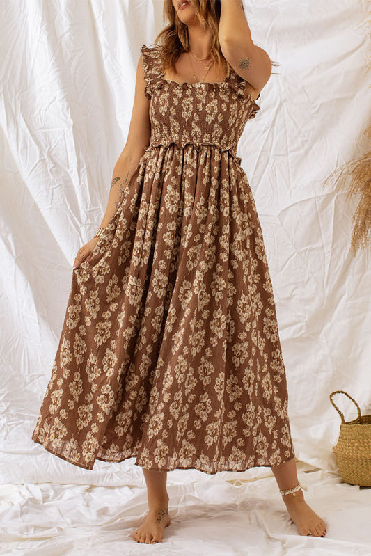 Brown Ruffled Straps Smocked Floral Maxi Dress - Premium Dresses from Momma Done Gone Crafty- Just $45.99! Shop now at Momma Done Gone Crafty