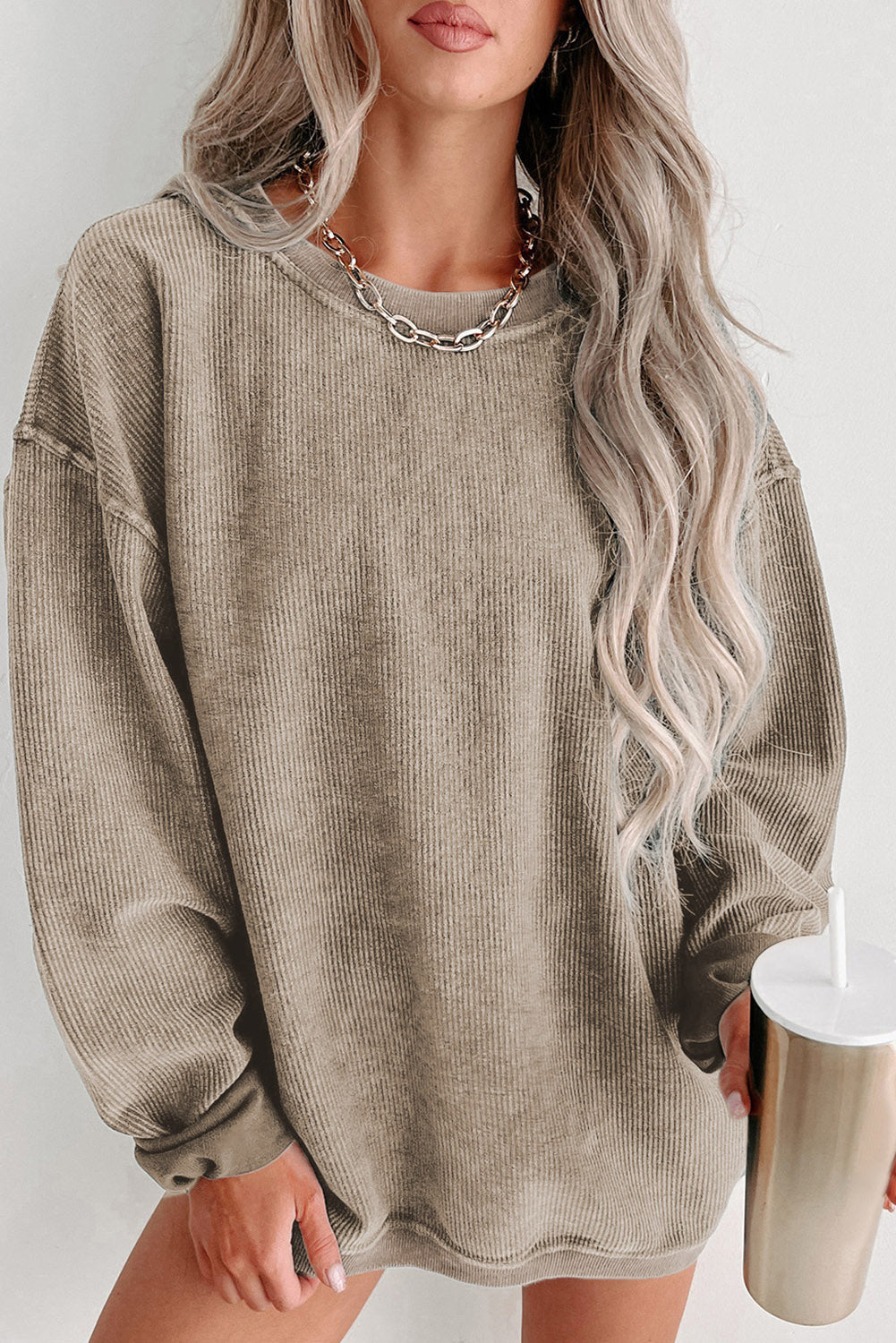 Khaki Solid Ribbed Knit Round Neck Pullover Sweatshirt - Premium Tops from Momma Done Gone Crafty- Just $38.94! Shop now at Momma Done Gone Crafty