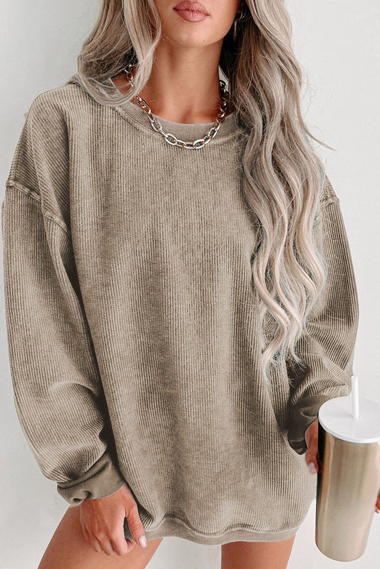 Khaki Solid Ribbed Knit Round Neck Pullover Sweatshirt - Premium Tops from Momma Done Gone Crafty- Just $38.94! Shop now at Momma Done Gone Crafty