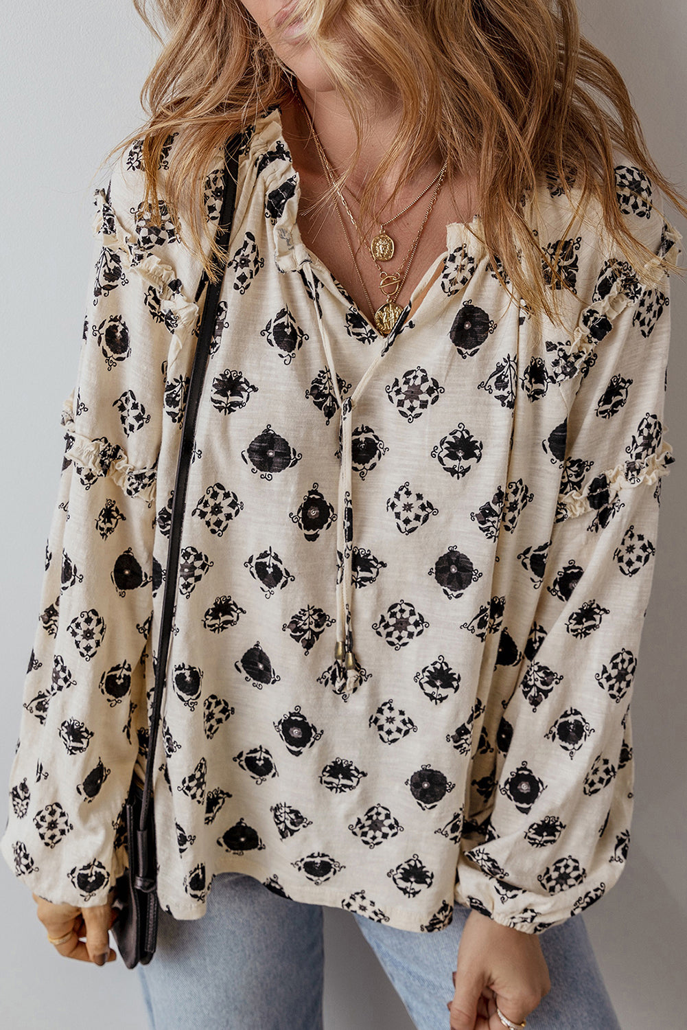 White Printed Split Neck Bubble Sleeve Loose Blouse - Premium Tops/Blouses & Shirts from Ashes 2 Wildflowers Boutique, LLC- Just $19.38! Shop now at Ashes 2 Wildflowers Boutique, LLC