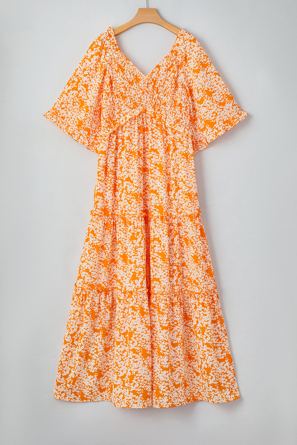 Orange Floral Print Smocked V Neck Wide Sleeve Maxi Dress - Premium Dresses/Floral Dresses from Momma Done Gone Crafty- Just $55.99! Shop now at Momma Done Gone Crafty