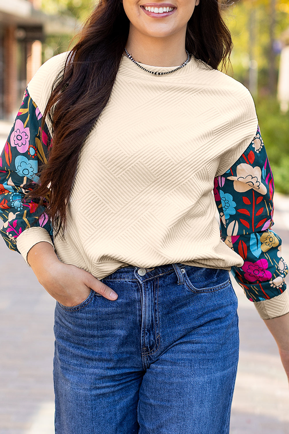 White Contrast Floral Sleeve Textured Drop Shoulder Knit Top - Premium Tops/Long Sleeve Tops from Ashes 2 Wildflowers Boutique, LLC- Just $28.40! Shop now at Ashes 2 Wildflowers Boutique, LLC