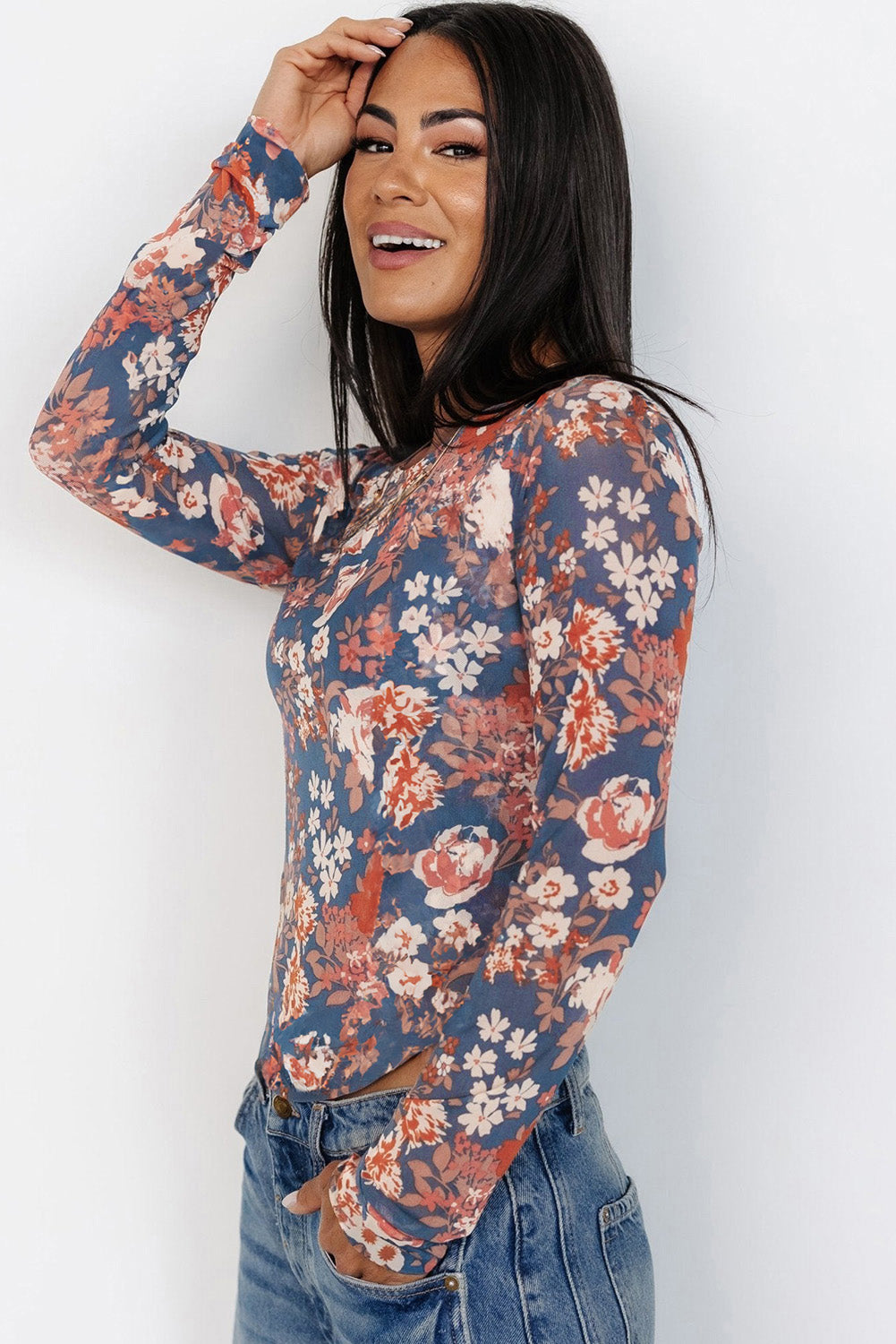 Orchid Petal Floral Print Mesh Fitted Long Sleeve Top - Premium Tops/Long Sleeve Tops from Ashes 2 Wildflowers Boutique, LLC- Just $24.50! Shop now at Ashes 2 Wildflowers Boutique, LLC
