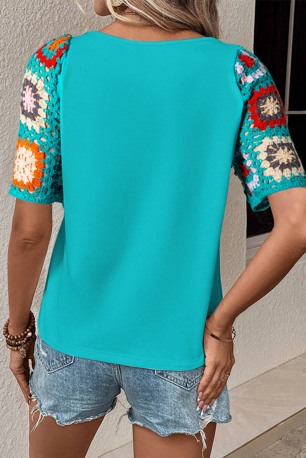 Turquoise Floral Crochet Short Sleeve Top - Premium Tops/Tops & Tees from Ashes 2 Wildflowers Boutique, LLC- Just $32.99! Shop now at Ashes 2 Wildflowers Boutique, LLC