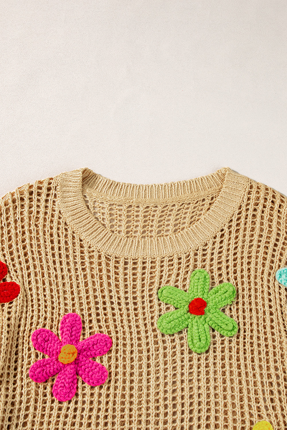 Light French Beige Crochet Flower Hollow-out Sweater T Shirt - Premium Sweaters & Cardigans/Short Sleeve Sweaters from Momma Done Gone Crafty- Just $33.06! Shop now at Momma Done Gone Crafty