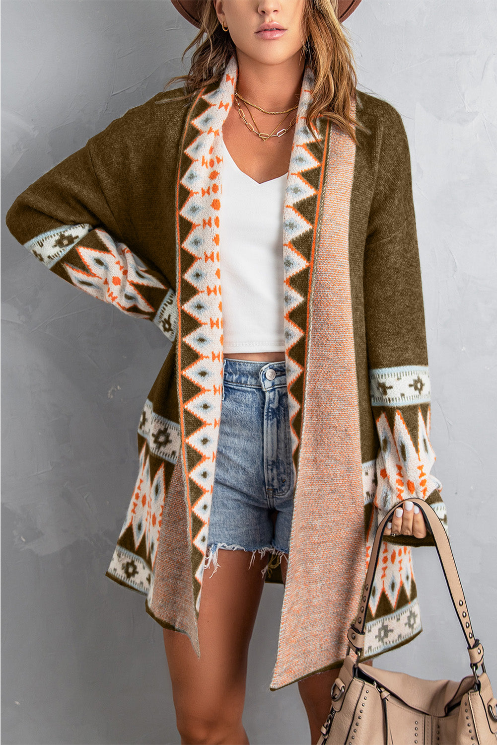 Brown Aztec Print Open Front Knitted Cardigan - Premium Sweaters & Cardigans/Cardigans from Ashes 2 Wildflowers Boutique, LLC- Just $40.97! Shop now at Ashes 2 Wildflowers Boutique, LLC