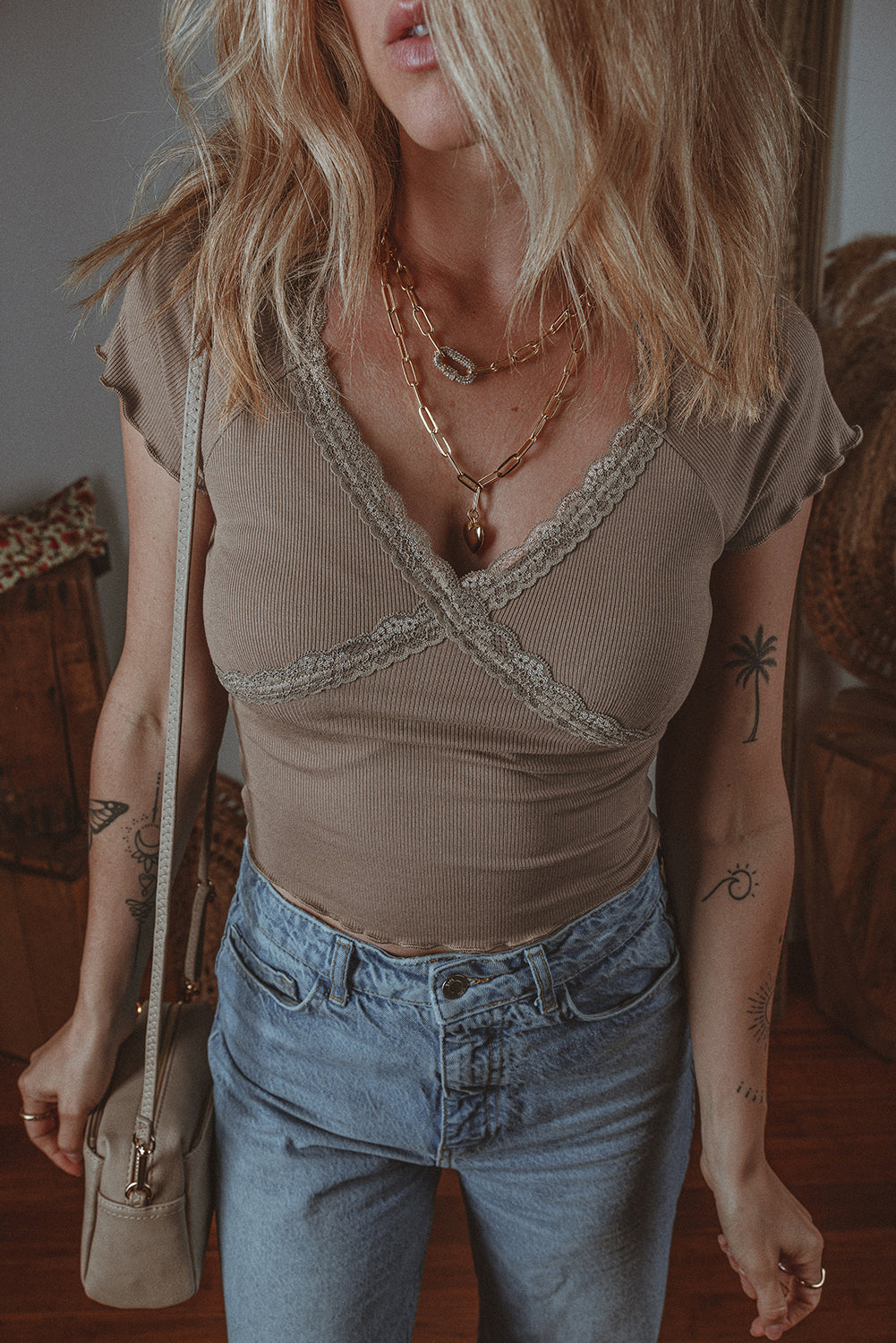 Dark Brown Lace Splicing Criss Cross Slim Fit V Neck T Shirt - Premium Tops/Tops & Tees from Ashes 2 Wildflowers Boutique, LLC- Just $25.48! Shop now at Ashes 2 Wildflowers Boutique, LLC