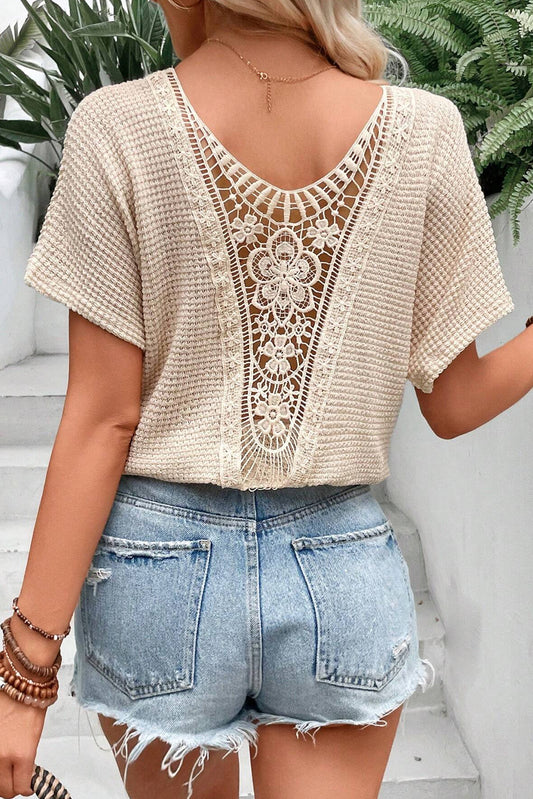 Oatmeal Guipure Lace Patch Textured T-shirt - Premium Tops/Tops & Tees from Momma Done Gone Crafty- Just $36.99! Shop now at Momma Done Gone Crafty