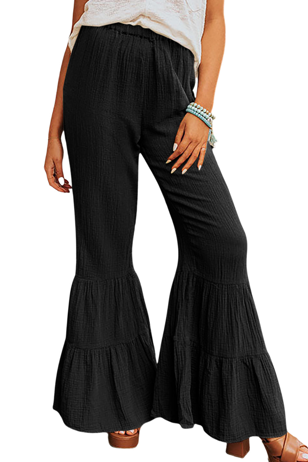 Black Textured High Waist Ruffled Bell Bottom Pants - Premium Bottoms from Momma Done Gone Crafty- Just $38.99! Shop now at Momma Done Gone Crafty