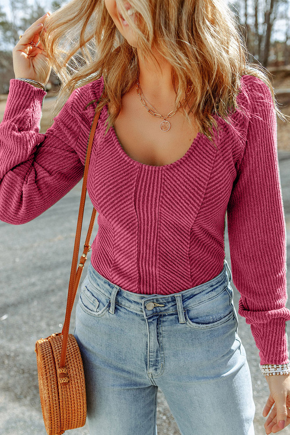 Rose U Neck Textured Long Sleeve Top - Premium Tops from Momma Done Gone Crafty- Just $42.60! Shop now at Momma Done Gone Crafty