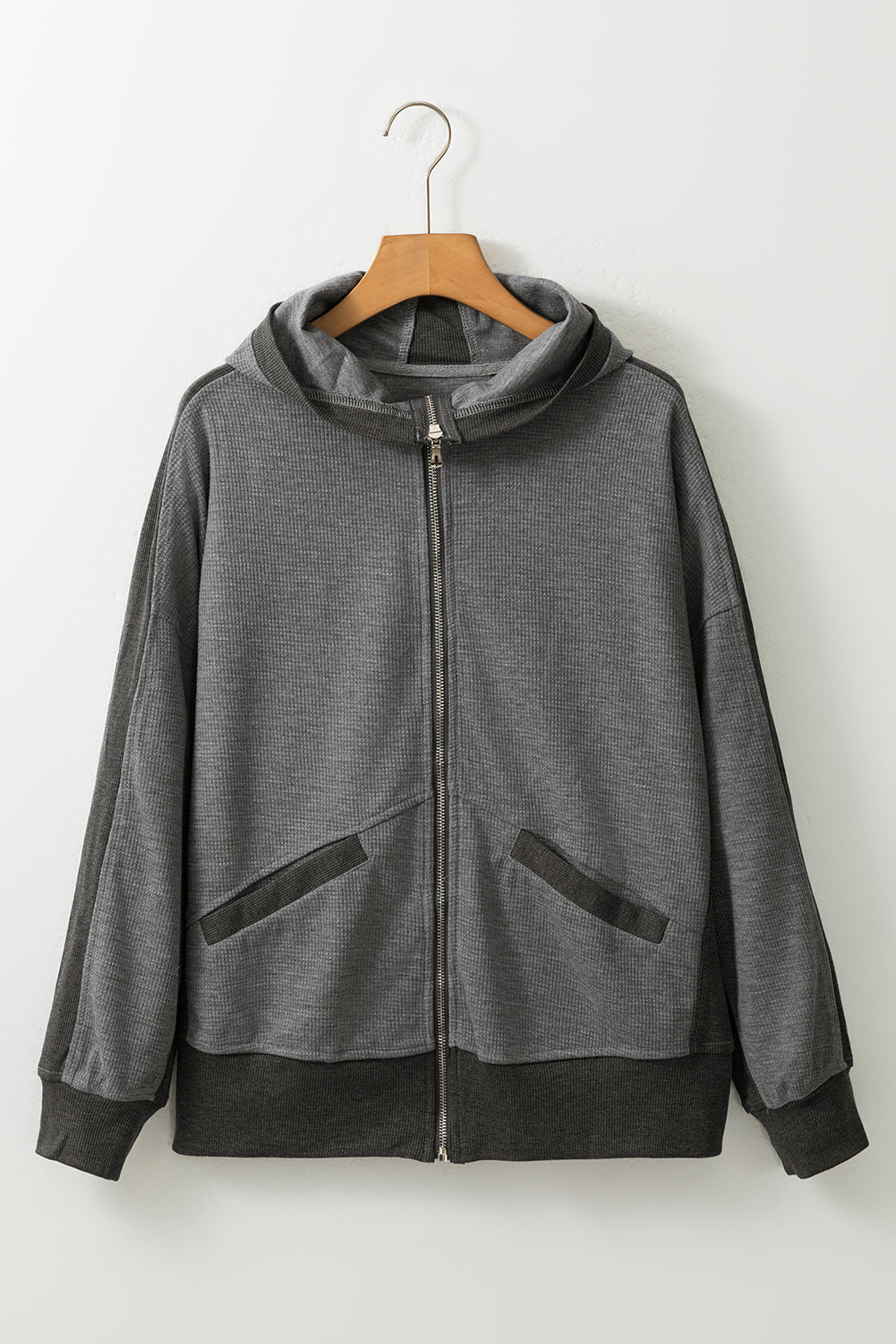 Gray Thermal Waffle Knit Full Zipper Hooded Jacket - Premium Outerwear from Momma Done Gone Crafty- Just $50.40! Shop now at Momma Done Gone Crafty