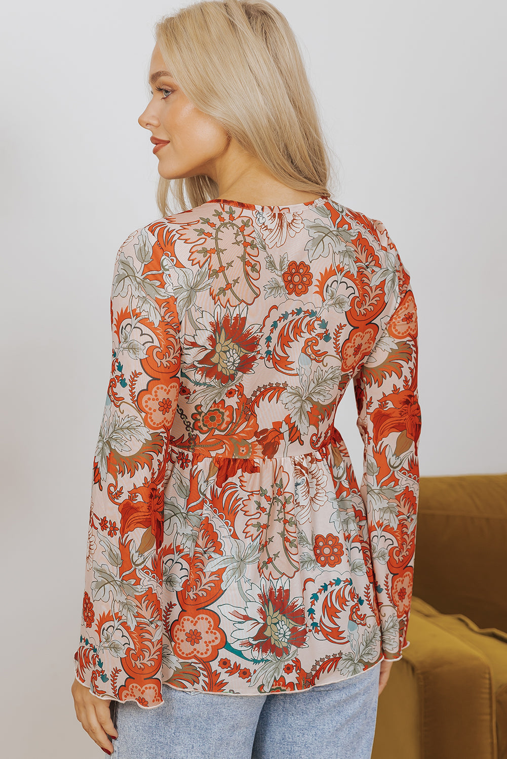 Orange Floral Print Deep V Neck Knot Bell Sleeve Blouse - Premium Tops/Blouses & Shirts from Ashes 2 Wildflowers Boutique, LLC- Just $17.58! Shop now at Ashes 2 Wildflowers Boutique, LLC