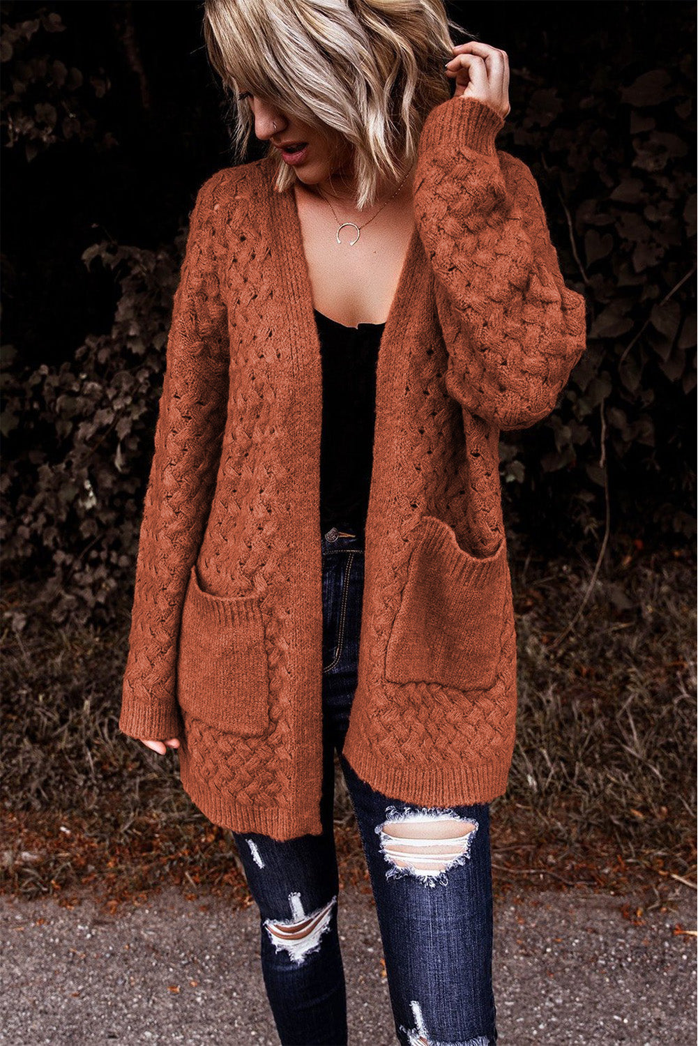 Brown Open Front Woven Texture Knitted Cardigan with Pockets - Premium Tops from Momma Done Gone Crafty- Just $38.00! Shop now at Momma Done Gone Crafty