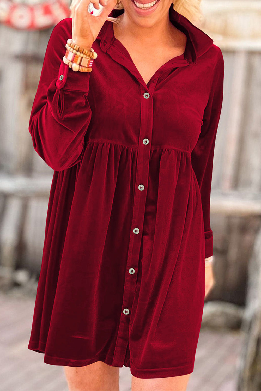 Red Long Sleeve Ruffle Velvet Button Up Dress - Premium Dresses from Momma Done Gone Crafty- Just $39.30! Shop now at Momma Done Gone Crafty